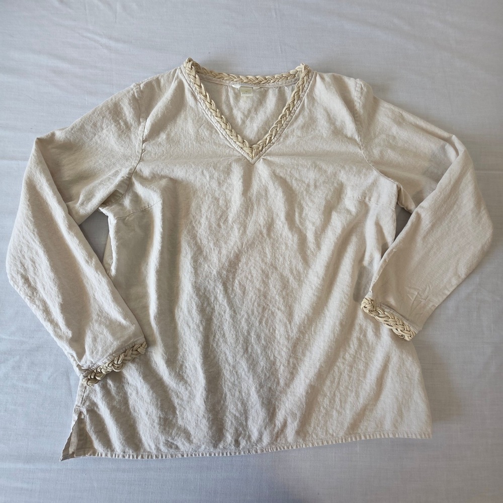 Christopher & Banks Tunic Top Braided Trim Linen Blend Medium Oatmeal Boho Linen